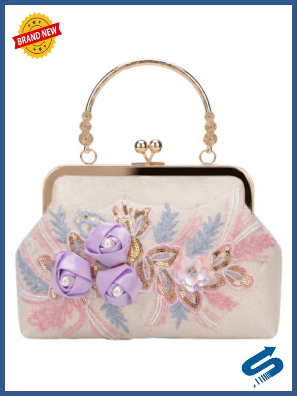 3D Embroidered Floral Clutch Kiss Lock Evening Bag with Chain Strap